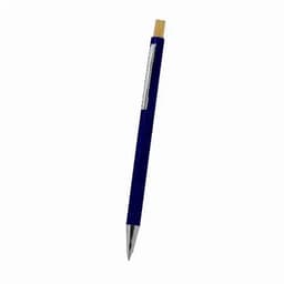 A blue pen with a silver tip and a wooden top, featuring a simple logo on the side.