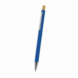 A blue pen with a silver clip and wooden top, featuring a sleek design.