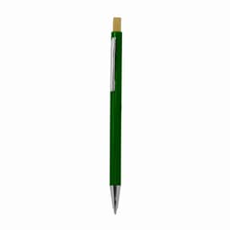 A green pen with a silver clip and a wooden top. The pen has a sleek, modern design.