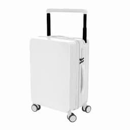 A white suitcase with a retractable handle and wheels for easy transport. Features a sleek, minimalist design.