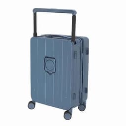 A blue suitcase with a textured surface, retractable handle, and four wheels for easy mobility. It features a logo.