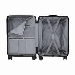 A suitcase with a black exterior and grey interior, featuring compartments and securing straps.