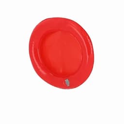 A red circular frisbee with a smooth surface and a raised edge, featuring a small logo on one side.