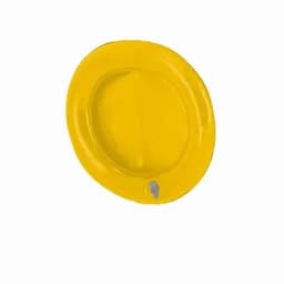 A yellow drink bottle with a round shape, featuring a logo on the side.