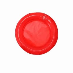 A round, bright red drink bottle with a small opening at the top and a smooth surface. It features a logo.