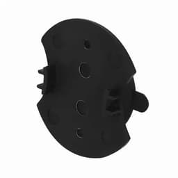 A black circular product with multiple holes and prongs for attachment or assembly. It features a simple design.