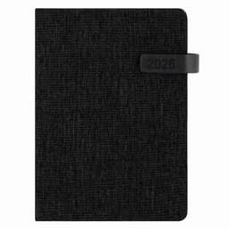 A black textile-covered diary with a elastic band and the year 2026 embossed on the front.