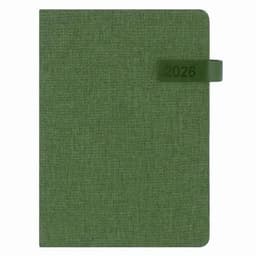 A green notebook with a textured cover featuring a closure strap and the year 2026 printed on it.