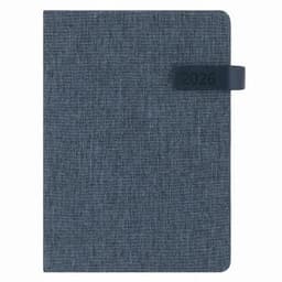 A planner with a textured navy cover and a black band displaying the year 2026. It has a simple, elegant design.