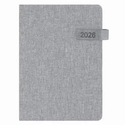 A grey planner with a textured cover, featuring a strap on the side marked '2026'.