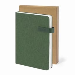A green notebook with a textured cover, placed in a brown kraft cover. The notebook has a logo.