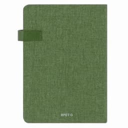 A green notebook with a textured cover, featuring a clasp closure and a logo on the bottom.