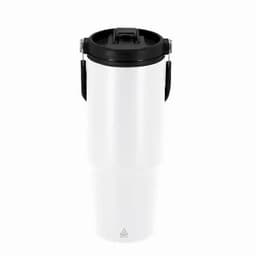 A drink bottle in white and black with a secure lid and carry handle. It features a logo on the body.