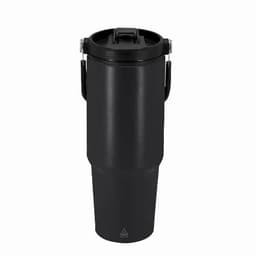 A drink bottle in matte black with a secure lid and a sturdy handle for easy carrying. It features a logo on the side.