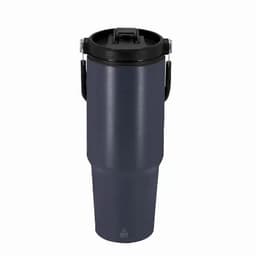 A drink bottle in dark navy with a black lid and handle, featuring a logo on the front.