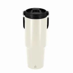 A drink bottle in cream with a black lid and handle, featuring a sleek, modern design and a logo.