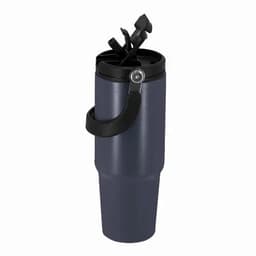 A drink bottle in dark blue with a black lid and handle, featuring a locking mechanism on top.