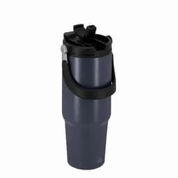 A drink bottle in dark blue with a black lid and handle, featuring a logo on its surface.