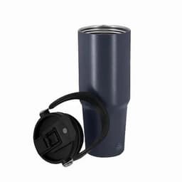 A drink bottle in navy blue with a stainless steel interior and a removable black lid.