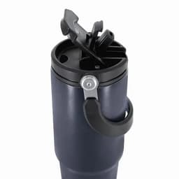 A drink bottle in navy blue with a handle and a secure, flip-top lid design. It features a logo.