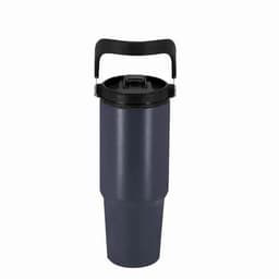 A drink bottle in navy blue with a black lid and sturdy handle, featuring a logo on the front.