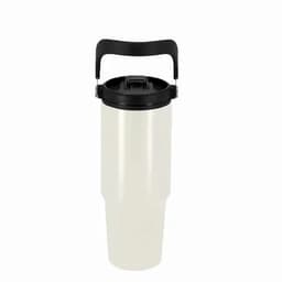 A drink bottle in a white colour with a black lid and handle, featuring a logo.