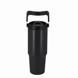 A drink bottle in black, featuring a handle and a secure lid. It has a sleek, cylindrical design and a logo.