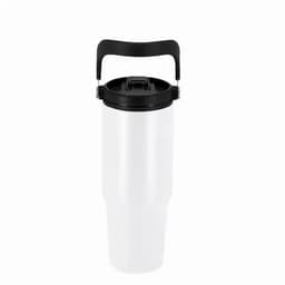 A drink bottle in white with a black lid and handle, featuring a logo on the body.