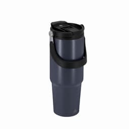 A drink bottle in dark blue with a black lid and handle, featuring a simple design and a logo.