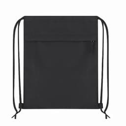 A black drawstring backpack with a front zip pocket and adjustable straps. Features a plain design.