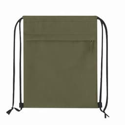 A drawstring backpack in olive green with a front zip pocket and black drawstrings. Features a simple design.