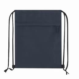 A drawstring backpack in navy blue with a front zip pocket and two adjustable cords. 