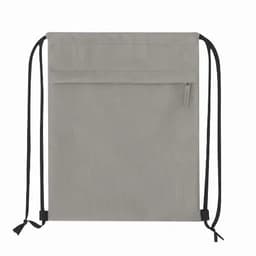 A light grey drawstring backpack with a zippered front pocket and black drawstrings. It features a simple design.
