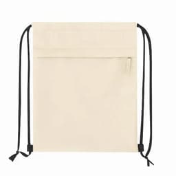 A drawstring backpack in a cream colour with black straps and a front pocket. It features a logo on the front.