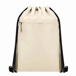 A drawstring backpack in a cream colour with black straps and a zippered front pocket.