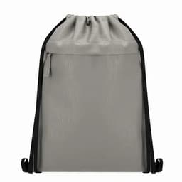 A drawstring backpack in a light grey colour with black straps and a zipper pocket. It features a smooth texture.