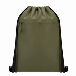 A drawstring backpack in olive green with a zippered front pocket and black accents. Features branding on the front.