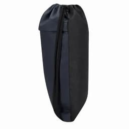 A black and dark grey drawstring bag with a sleek design and a gathered top. Features a small logo.