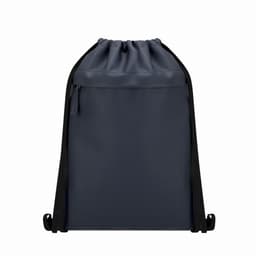A drawstring backpack in navy blue with black accents and a front zip pocket.