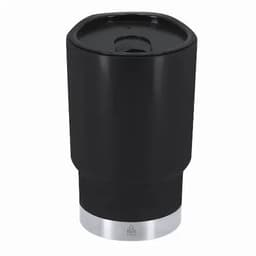 A drink bottle in matte black with a silver base and a lid featuring a hole for sipping.