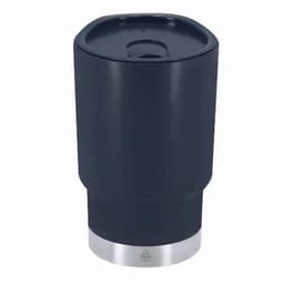 A drink bottle in navy blue with a stainless steel base and a lid opening, featuring a logo.