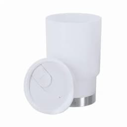 A drink bottle in white with a silver base and a lid. The bottle has a minimalist design and a branded logo.