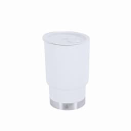 A drink bottle in white with a stainless steel base and a lid, featuring a simple design.
