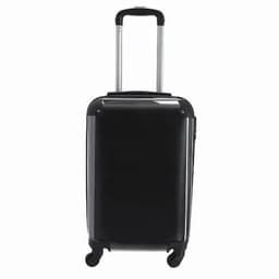 A suitcase in glossy black with a retractable handle and four wheels for easy movement.