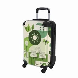 A suitcase featuring a green and white design with trees, solar panels, and nature motifs. It has a retractable handle and wheels.