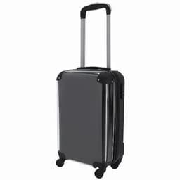 A black suitcase with a glossy finish, featuring a retractable handle and four wheels for easy mobility.