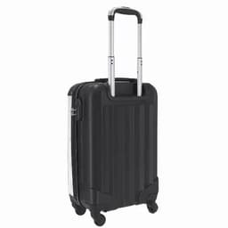 A black suitcase with a telescopic handle and four wheels, featuring a textured exterior and a silver accent.