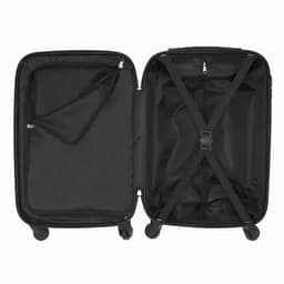 A black suitcase with wheels, featuring an interior pocket and straps for securing contents, viewed from above.