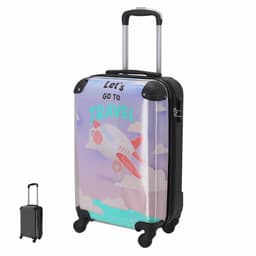 A suitcase in shades of black and pastel colours, featuring a travel-themed design and a logo.