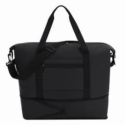 A black tote bag with multiple straps and a front pocket, featuring a sleek, modern design.